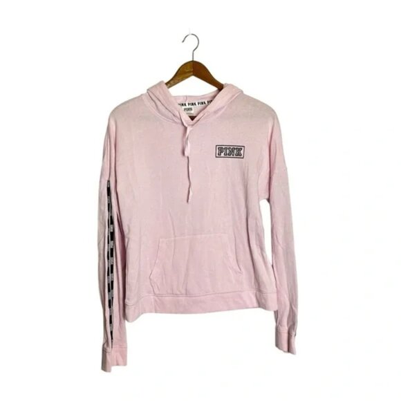 PINK Victoria's Secret Light Pink VS Pink Logo Arm Striped Hoodie Sweatshirt - Picture 1 of 6
